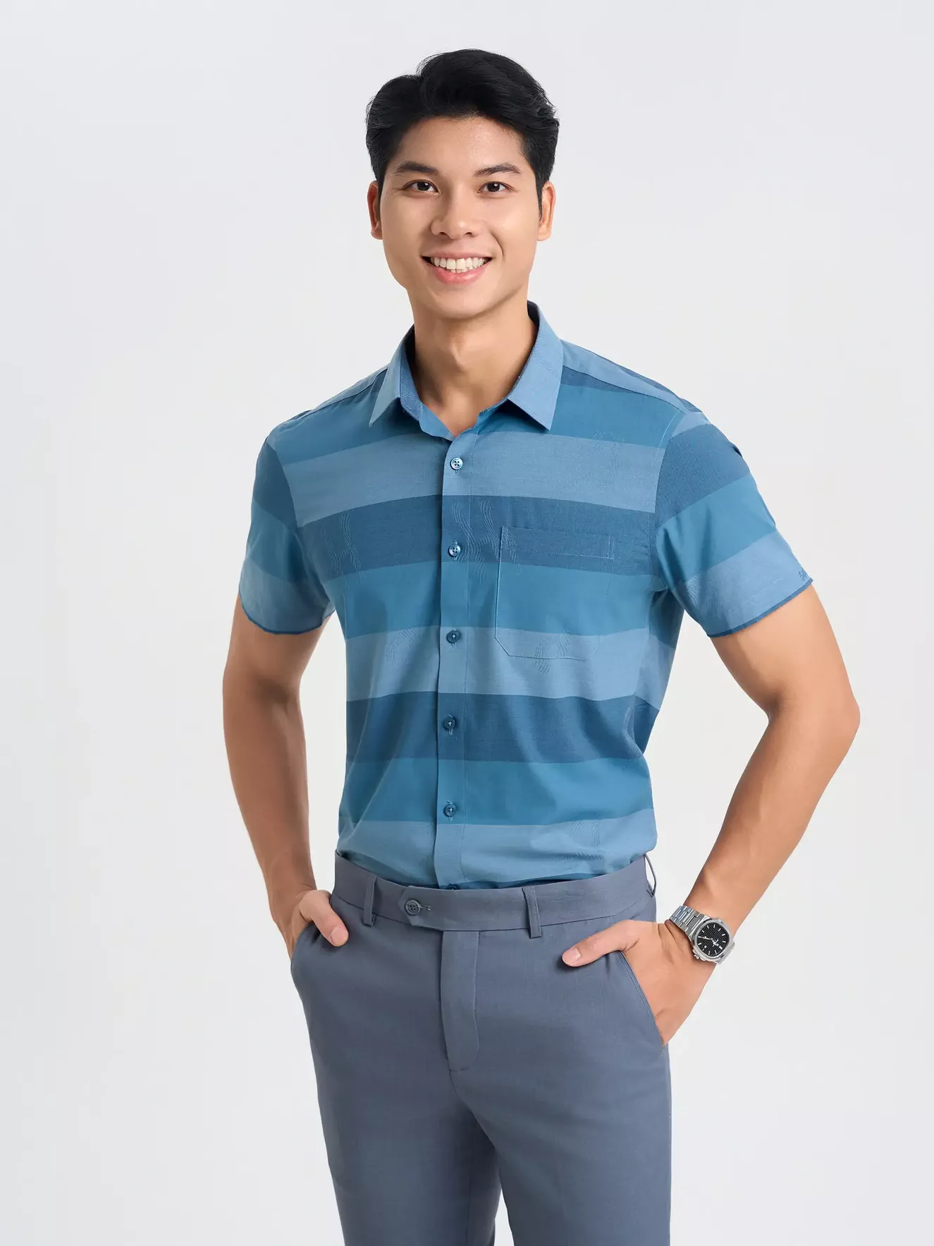 Áo Sơ Mi Nam Ngắn Tay 5S Fashion Kẻ Ngang Smart Fit ASC25021