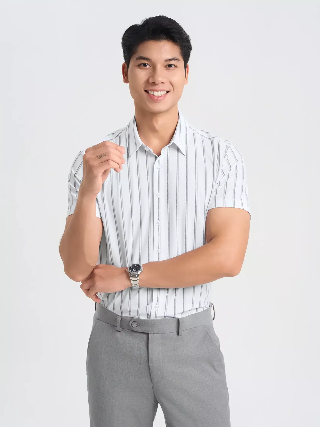 Áo Sơ Mi Nam Dệt Kim Vải Co Giãn 5S Fashion Kẻ Sọc ASC25024