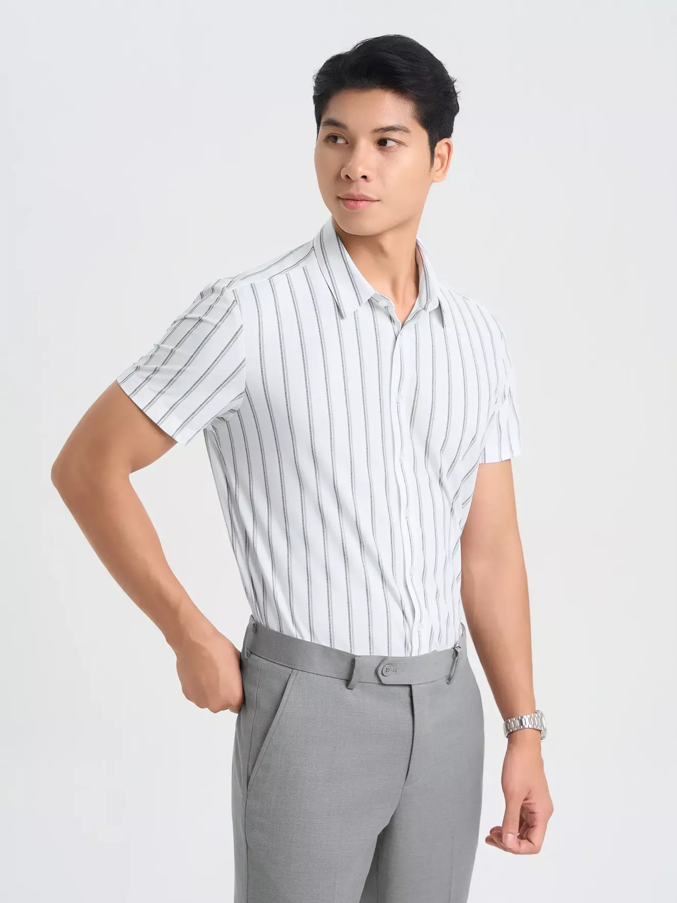 Áo Sơ Mi Nam Dệt Kim Vải Co Giãn 5S Fashion Kẻ Sọc ASC25024