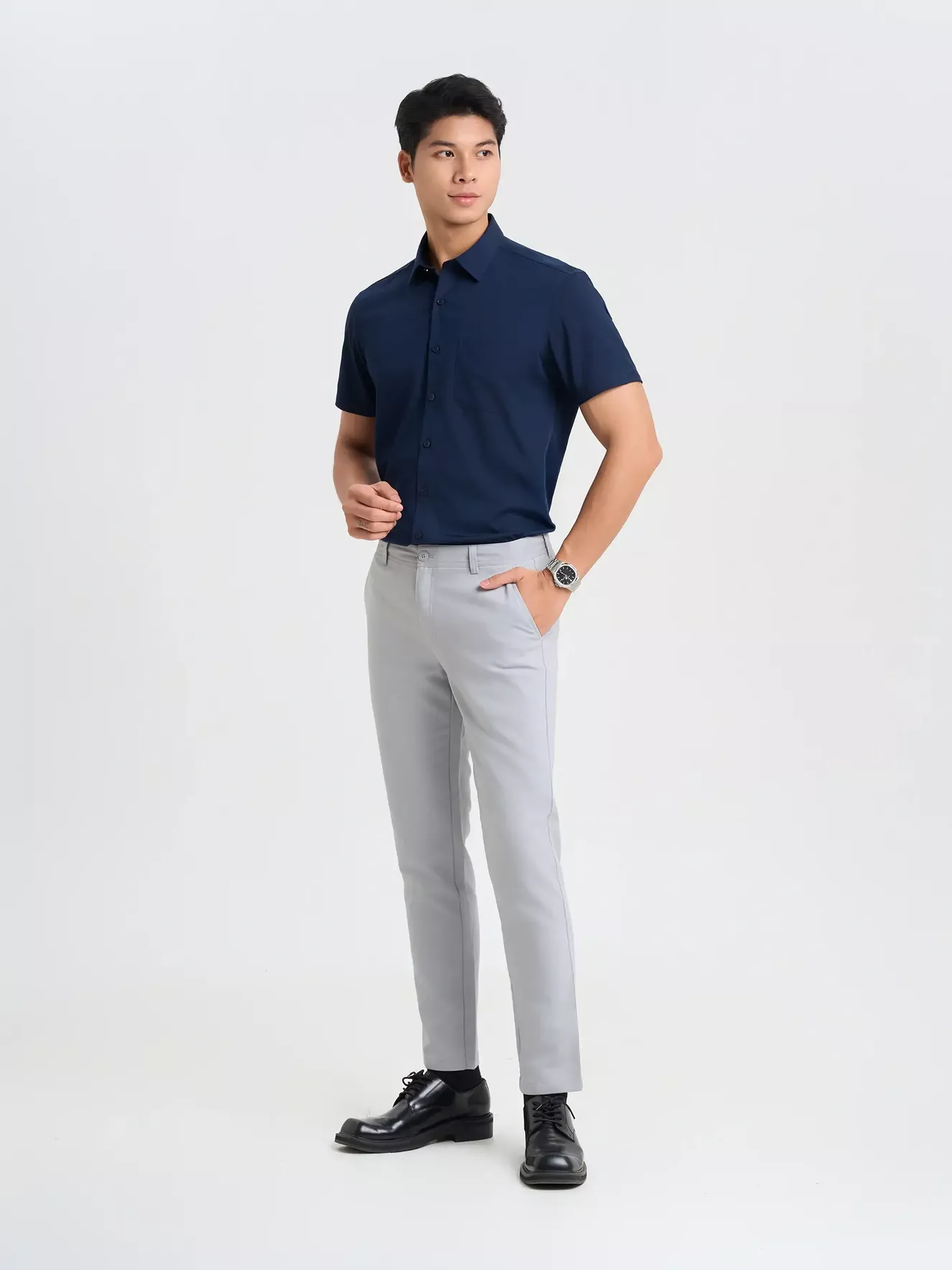 Áo Sơ Mi Nam Ngắn Tay 5S Fashion Trơn Smart Fit ASC25032