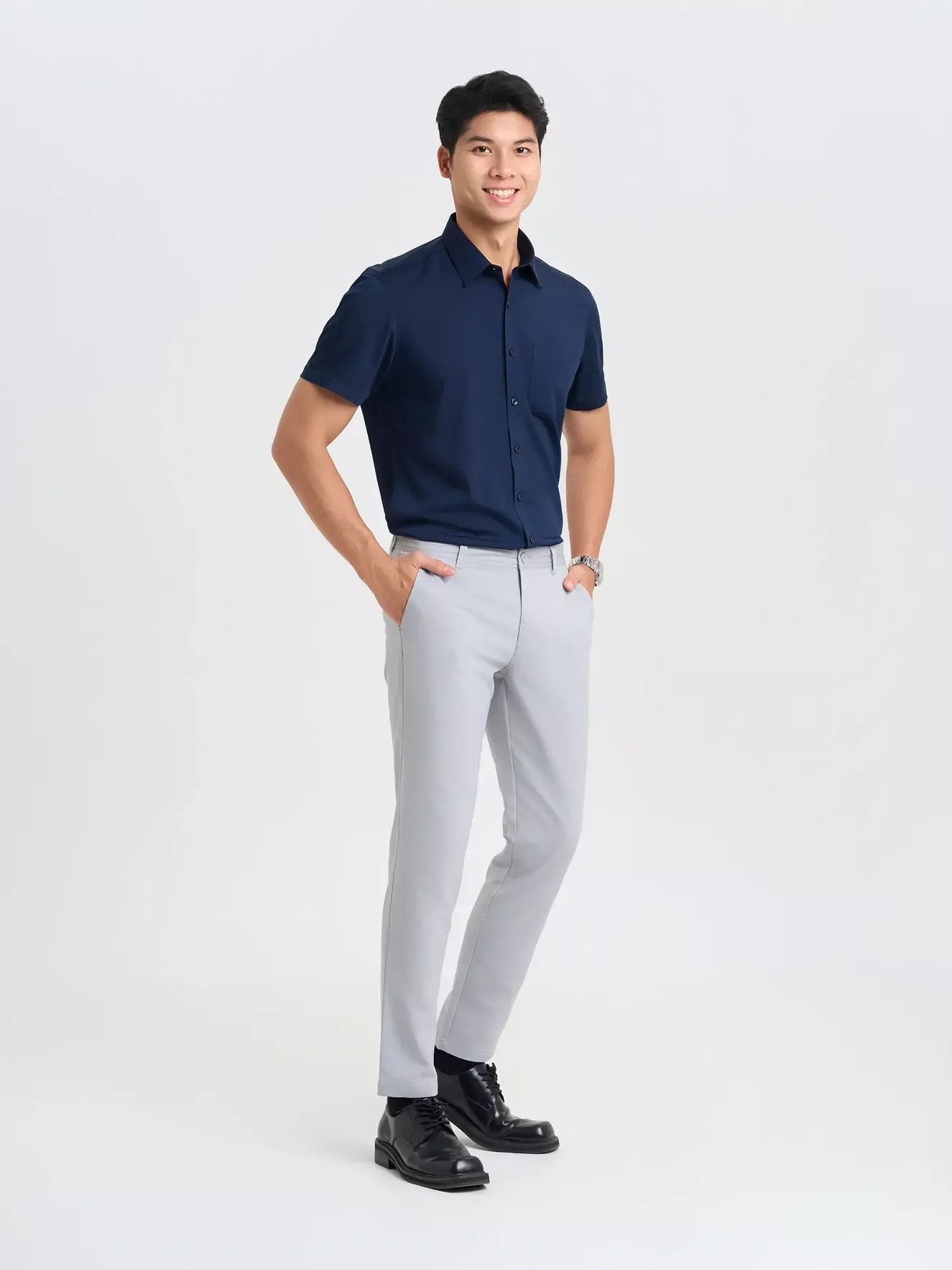 Áo Sơ Mi Nam Ngắn Tay 5S Fashion Trơn Smart Fit ASC25032