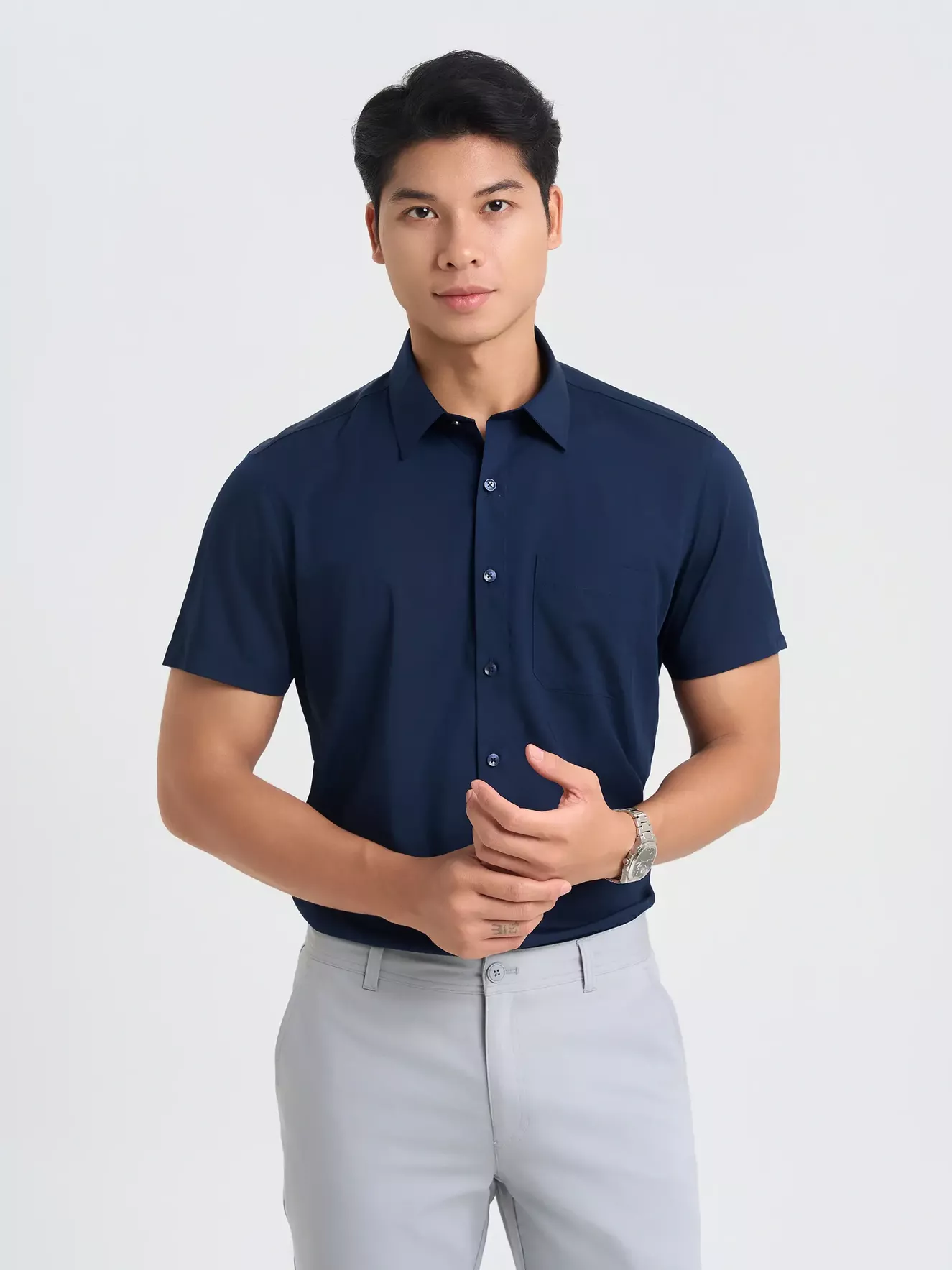 Áo Sơ Mi Nam Ngắn Tay 5S Fashion Trơn Smart Fit ASC25032