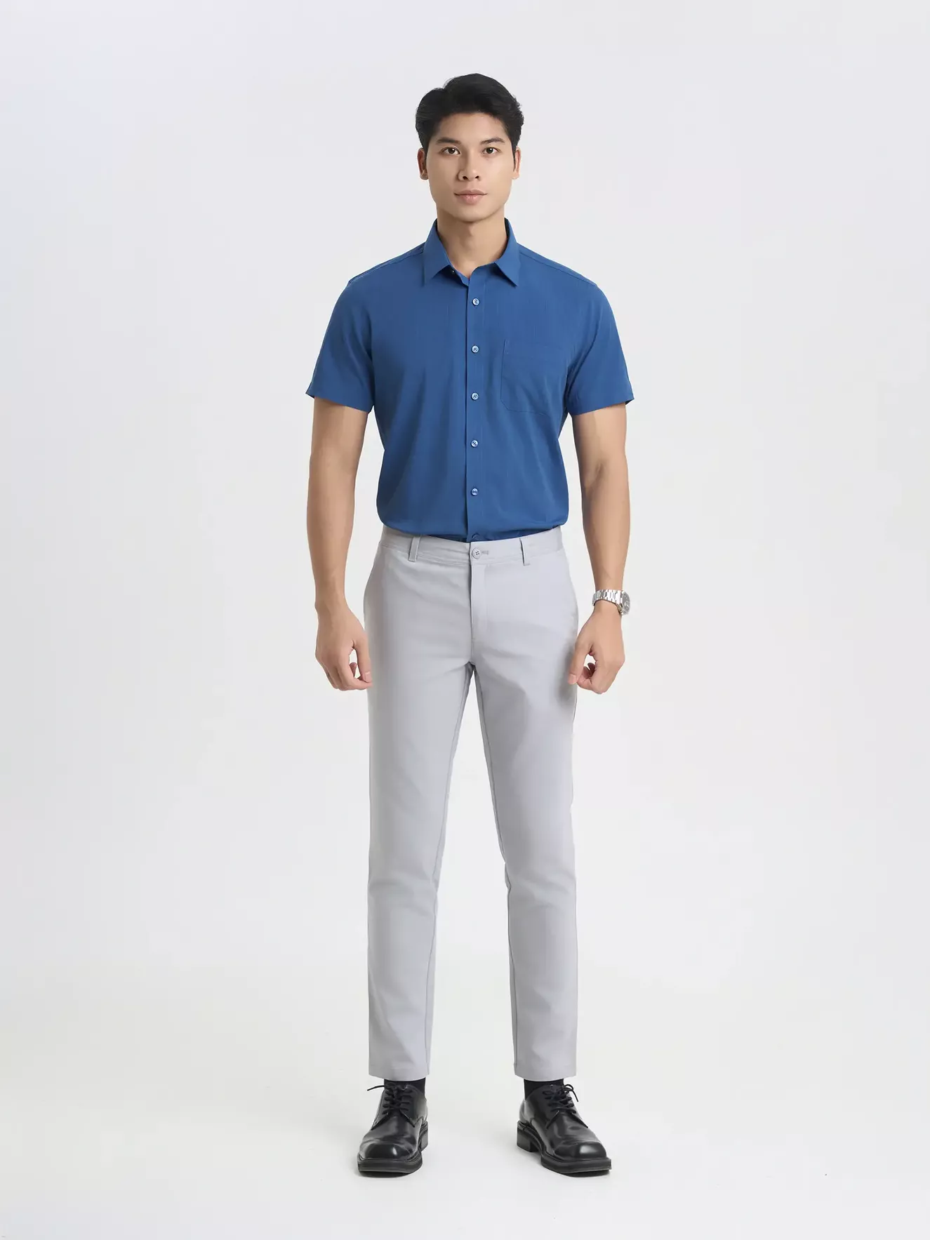 Áo Sơ Mi Nam Tay Ngắn 5S Fashion Dệt Hiệu Ứng Smart fit ASC25053