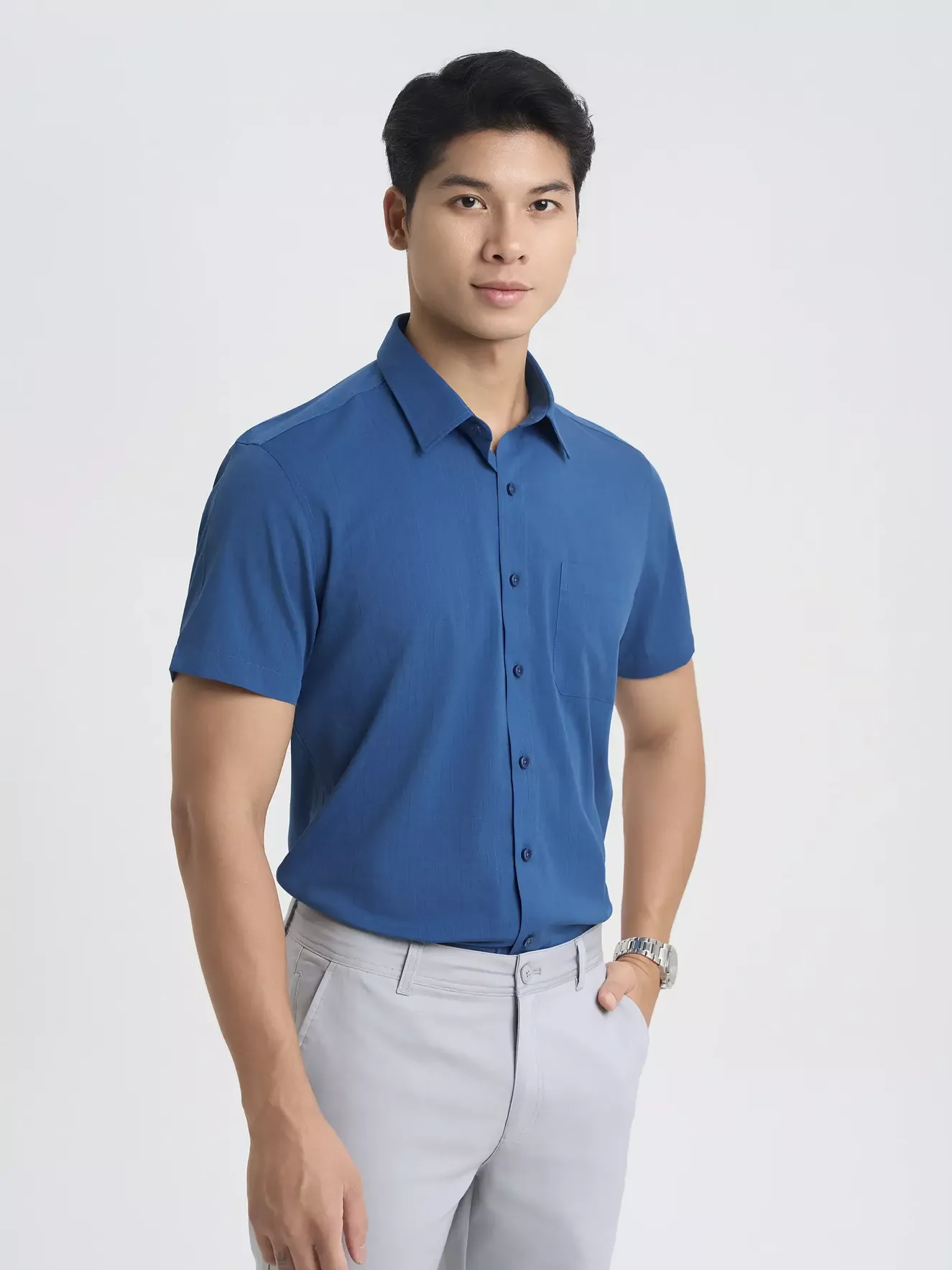 Áo Sơ Mi Nam Tay Ngắn 5S Fashion Dệt Hiệu Ứng Smart fit ASC25053