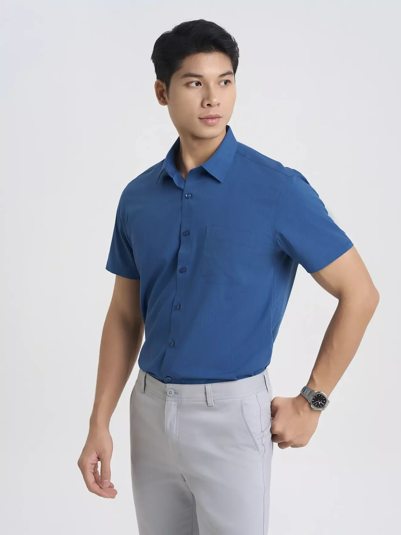 Áo Sơ Mi Nam Tay Ngắn 5S Fashion Dệt Hiệu Ứng Smart fit ASC25053