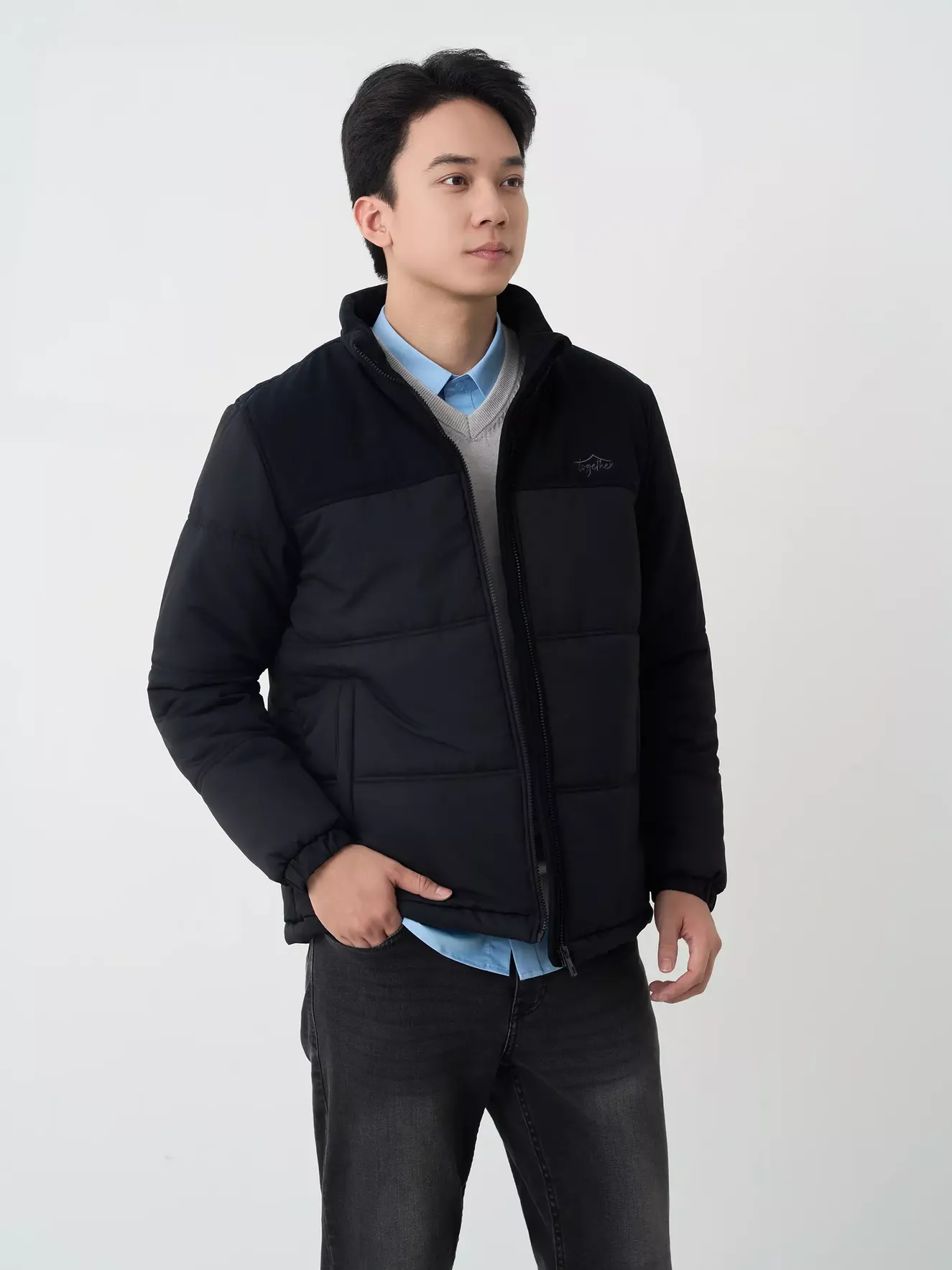 Áo Phao Nam Can Phối Nhung Cổ Trụ 5S Fashion Phom Slimfit M0PHF25001