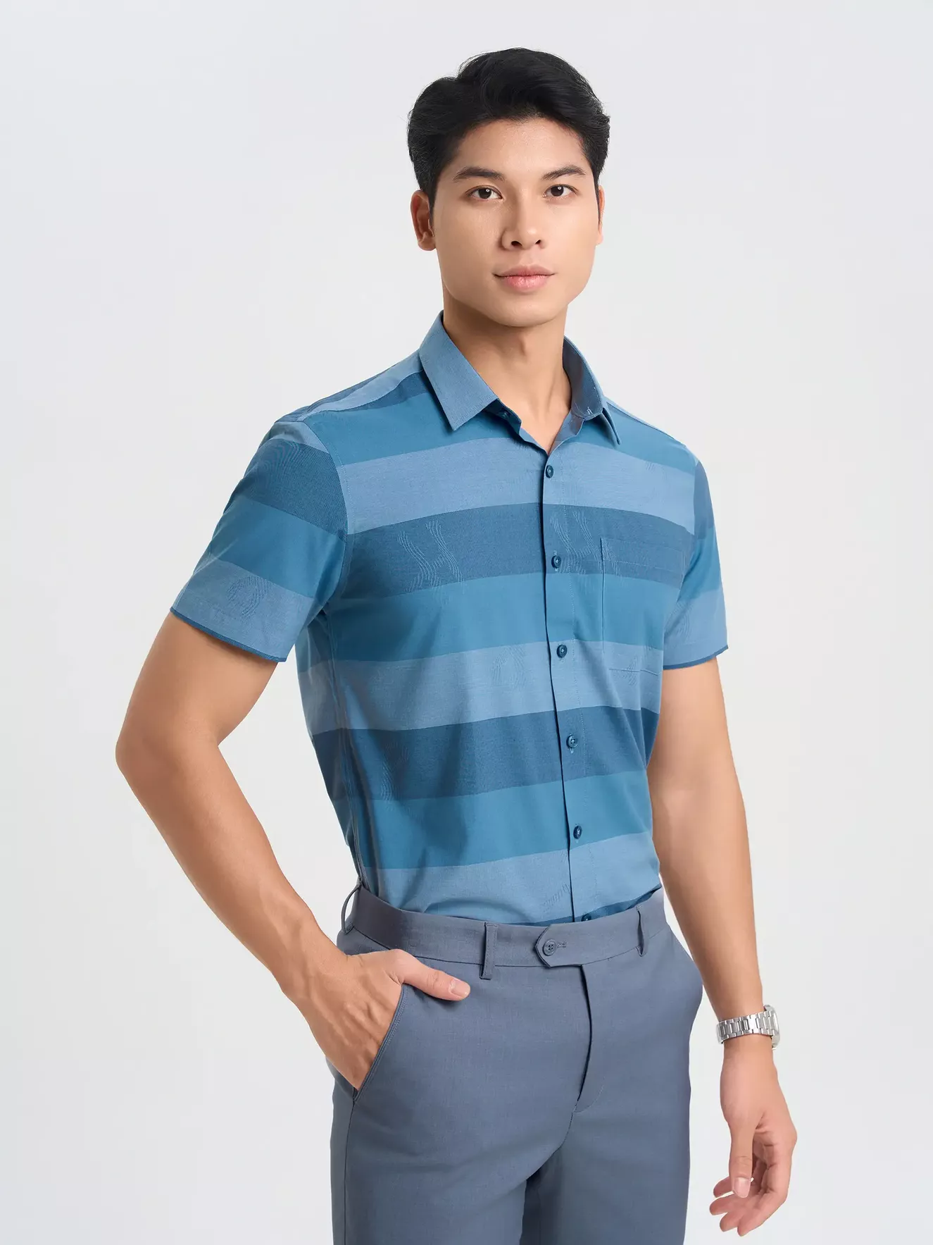 Áo Sơ Mi Nam Ngắn Tay 5S Fashion Kẻ Ngang Smart Fit ASC25021