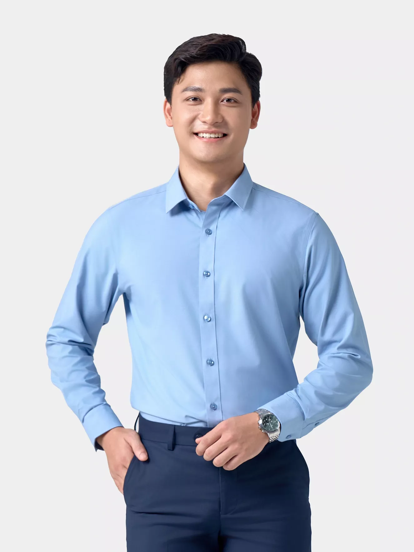 Áo Sơ Mi Nam Dài Tay 5S Fashion Màu Xanh Regular ASM24064