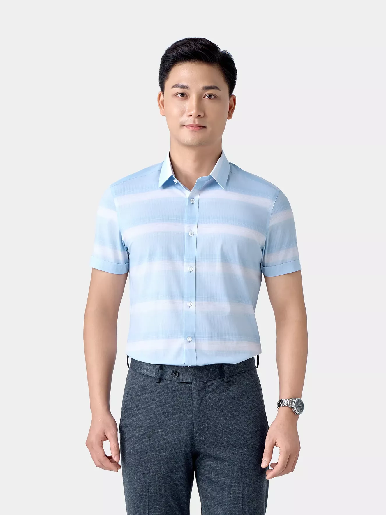 Áo Sơ Mi Nam Ngắn Tay 5S Fashion Dệt Hiệu Ứng Slimfit ASC24026