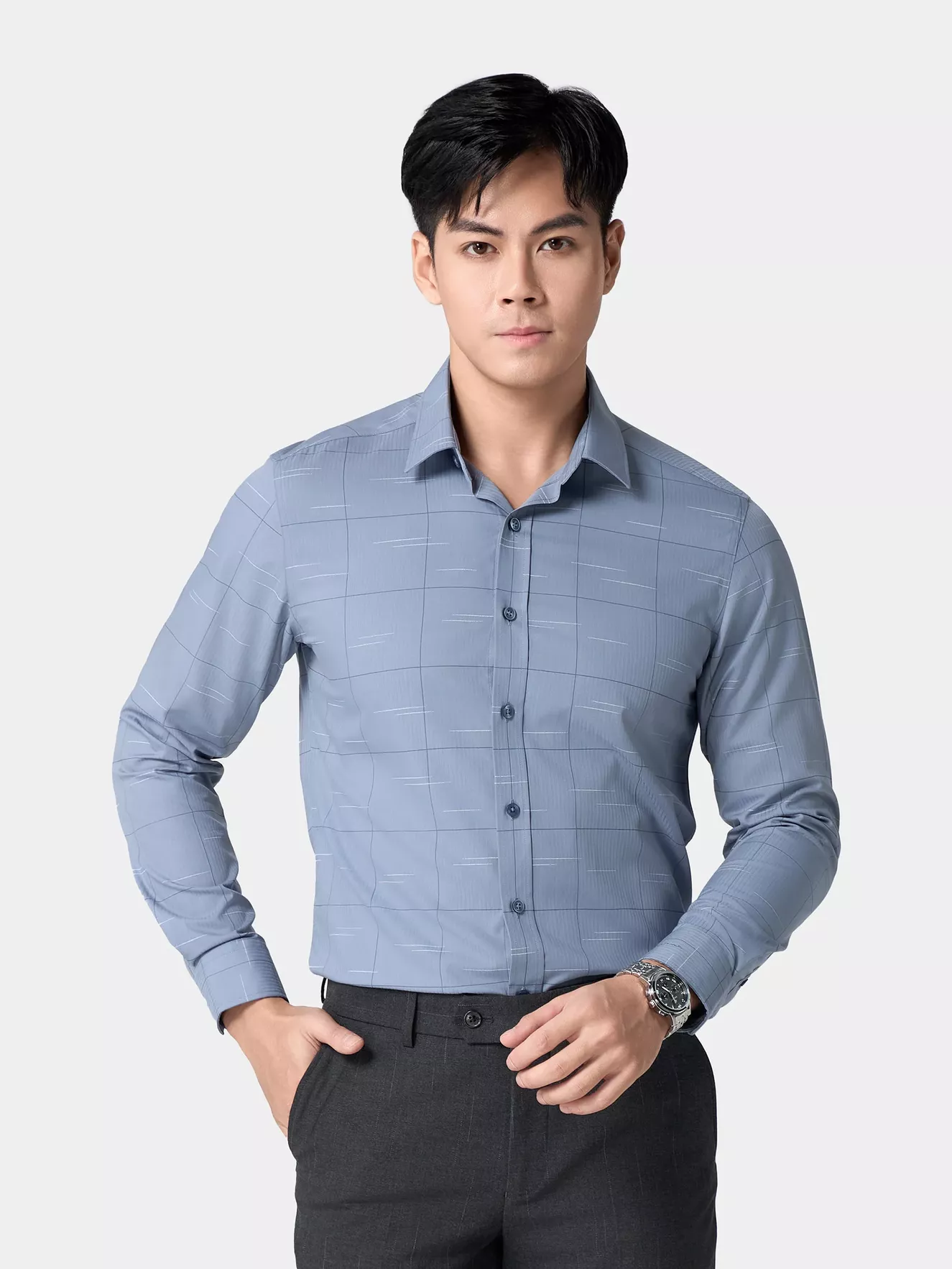 Áo Sơ Mi Nam Dài Tay Kẻ Ô 5S Fashion Slimfit ASM24012
