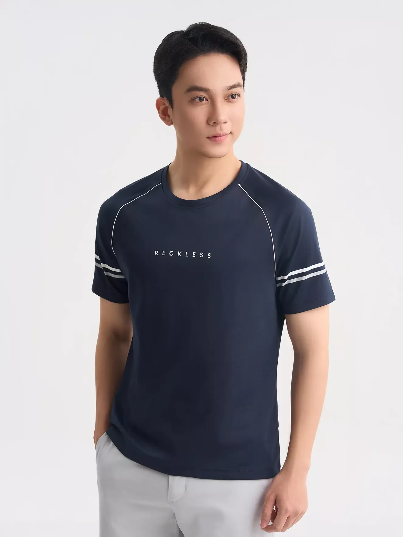 Áo Thun Nam Ngắn Tay 5S Fashion Tay Raglan Phối Kẻ ATS25009