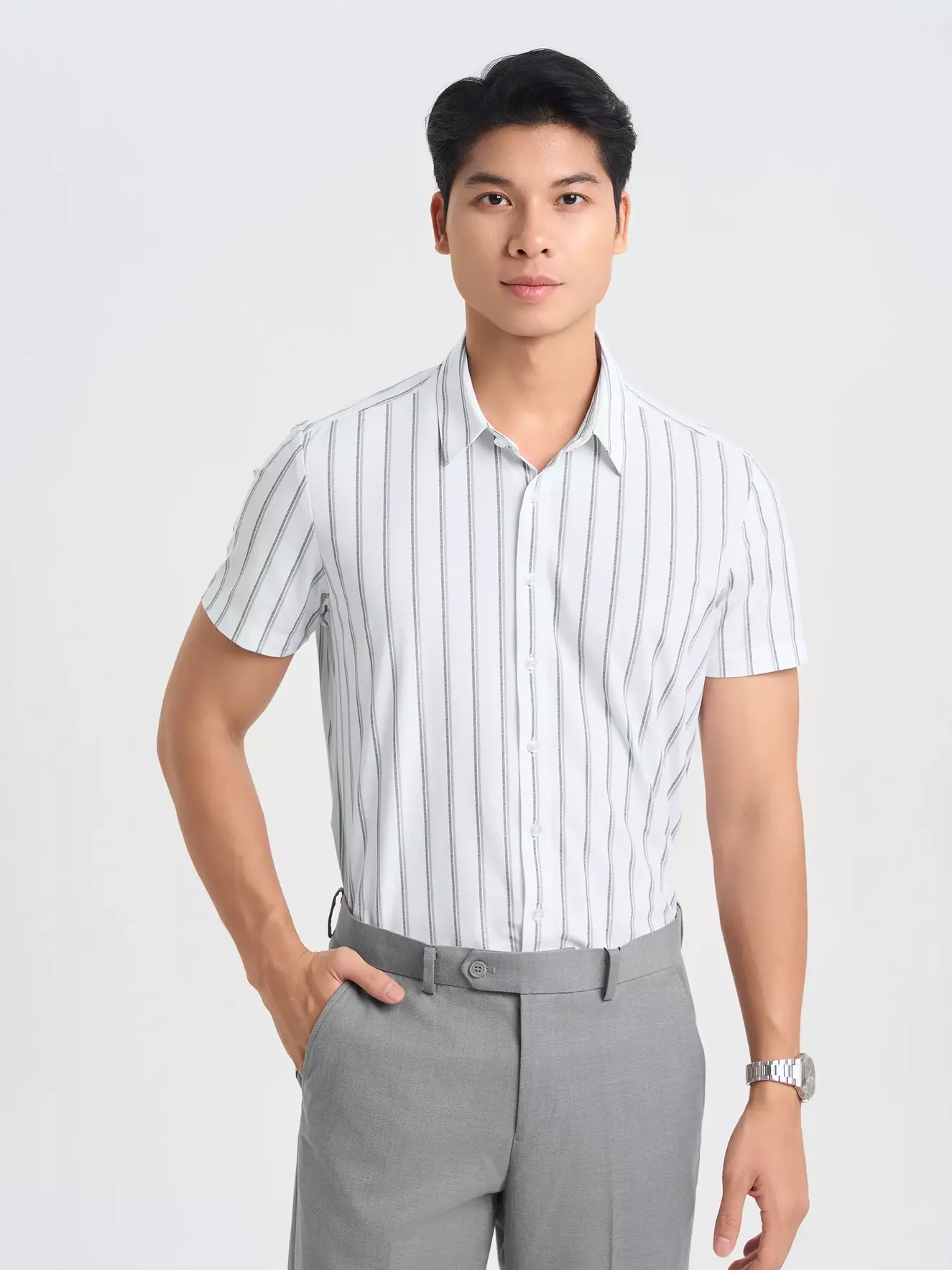 Áo Sơ Mi Nam Dệt Kim Vải Co Giãn 5S Fashion Kẻ Sọc ASC25024