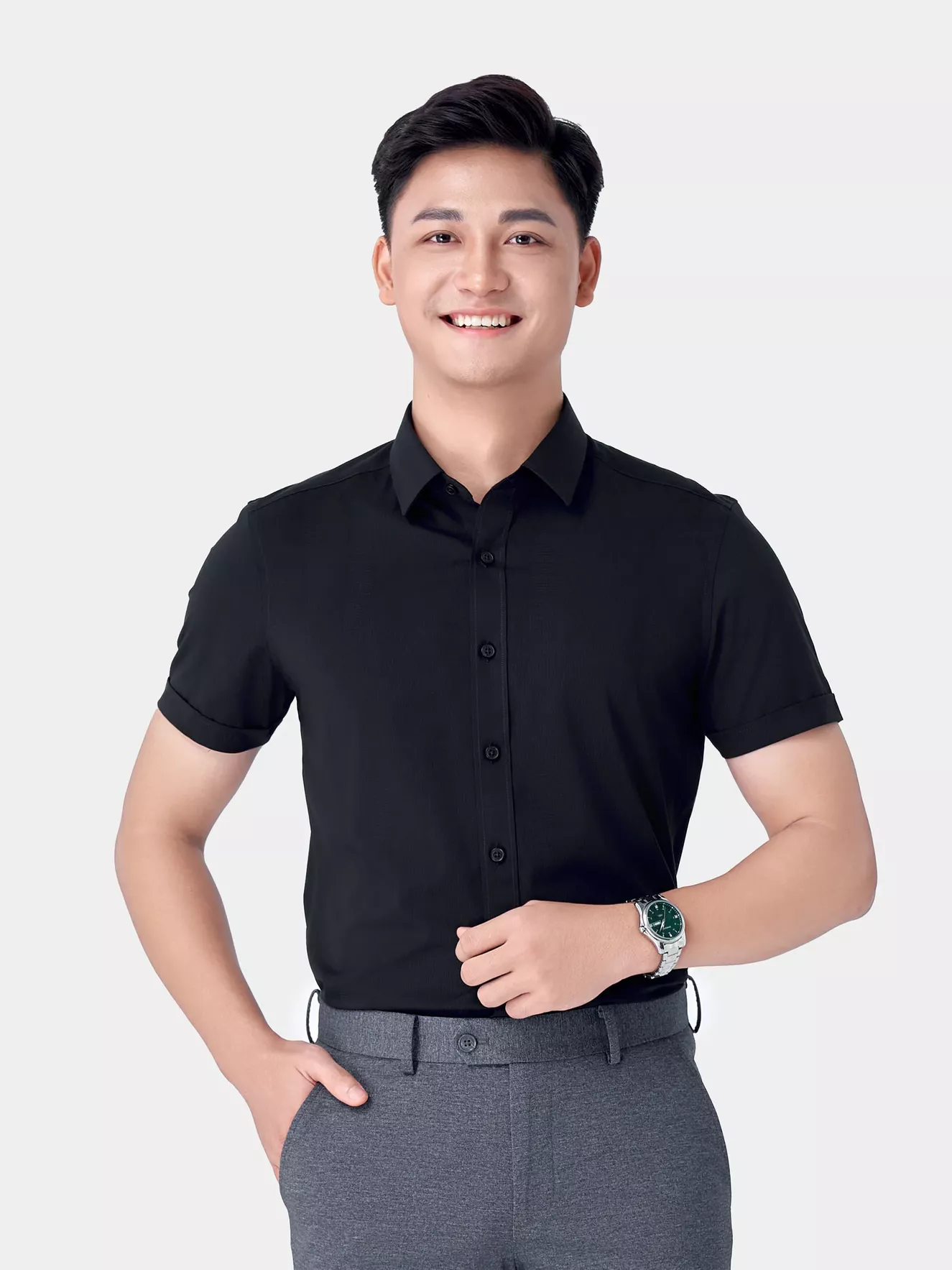 Áo Sơ Mi Nam Ngắn Tay 5S Fashion Màu Đen ASC24045