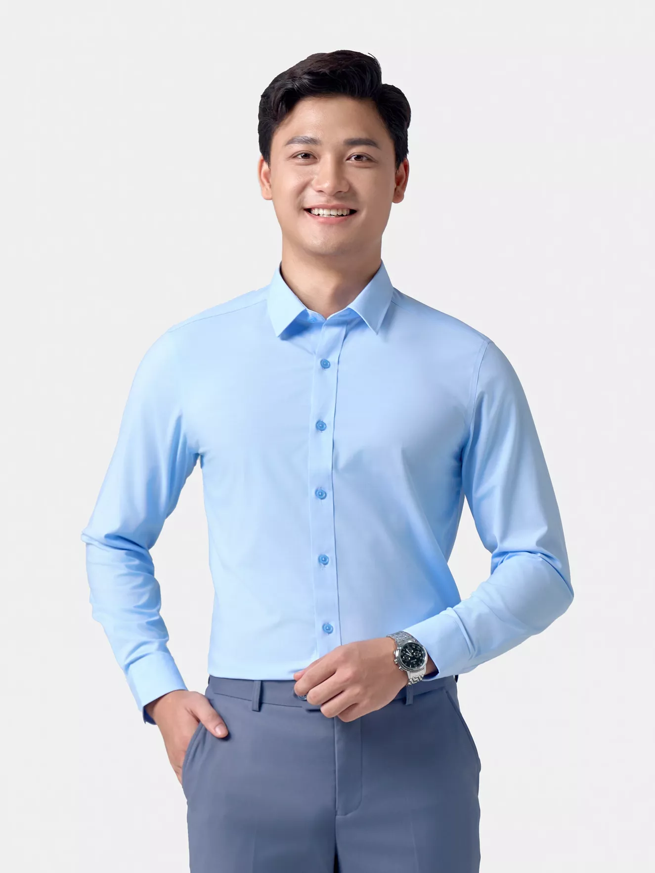 Áo Sơ Mi Nam Dài Tay 5S Fashion Xanh Aqua Slimfit ASM24211