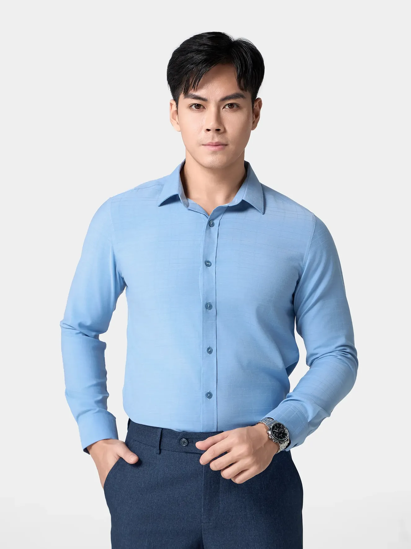 Áo Sơ Mi Nam Dài Tay Màu Xanh 5S Fashion Slimfit ASM24035