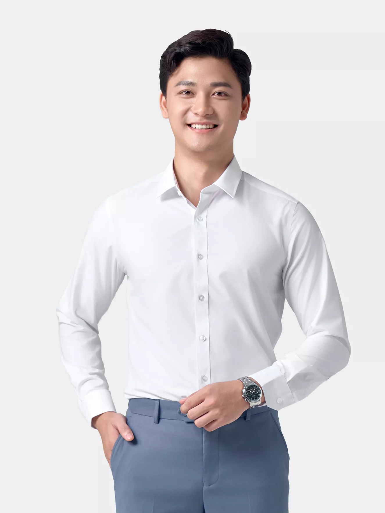 Áo Sơ Mi Nam Dài Tay 5S Fashion Màu Trắng Trơn Phom Slimfit ASM24207