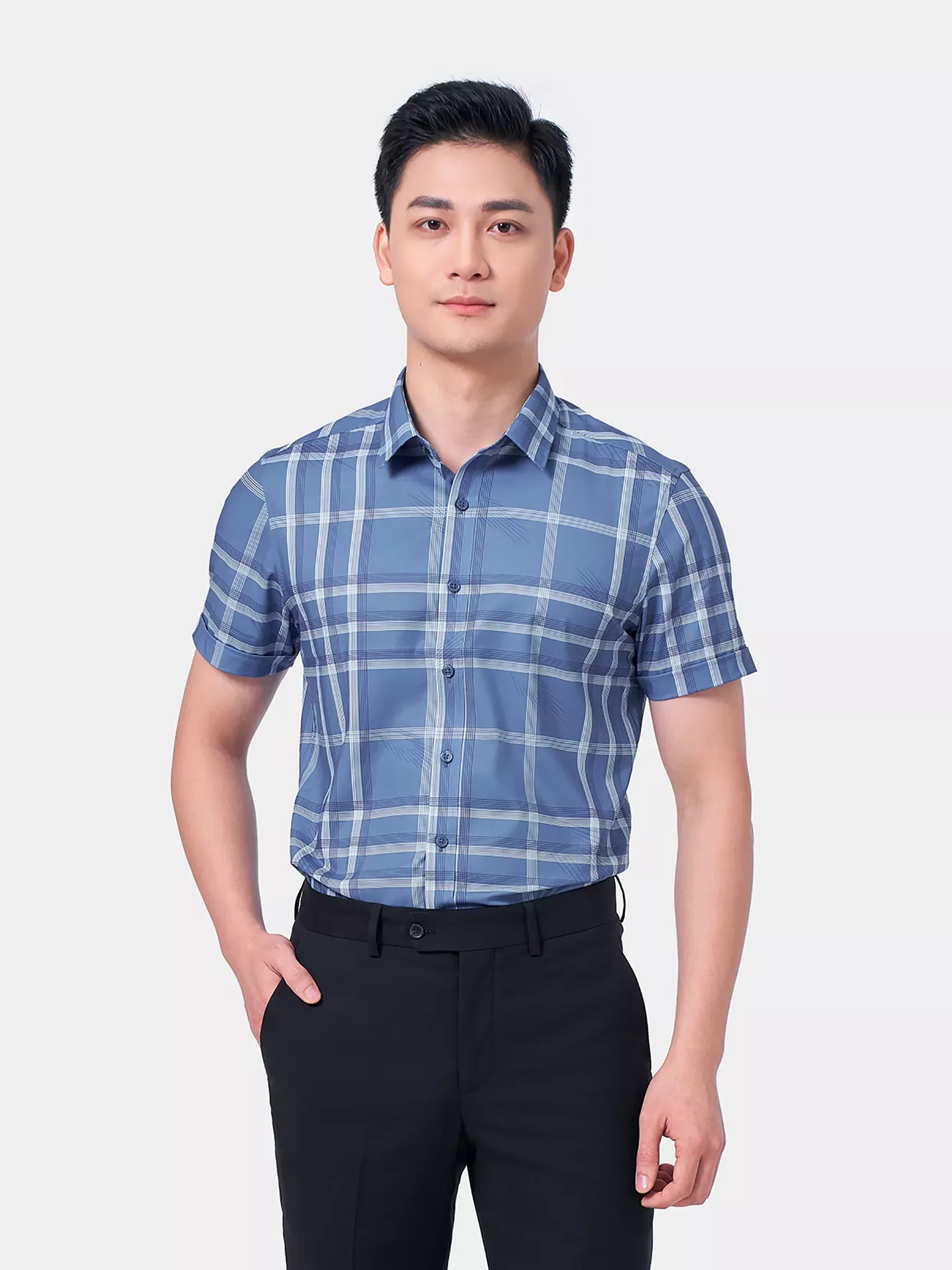 Áo Sơ Mi Nam Ngắn Tay 5S Fashion Màu Xanh Đá Đậm Kẻ ASC24039