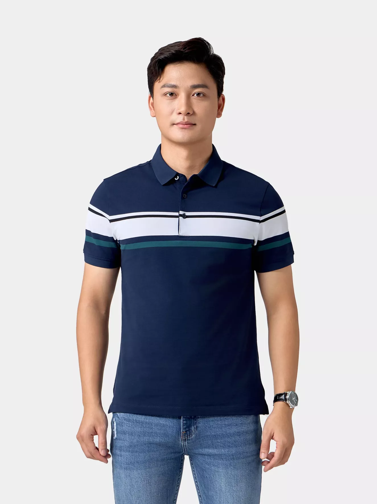 Áo Polo Nam 5S Fashion Can Phối Kẻ Ngang Phom Slimfit APC24054