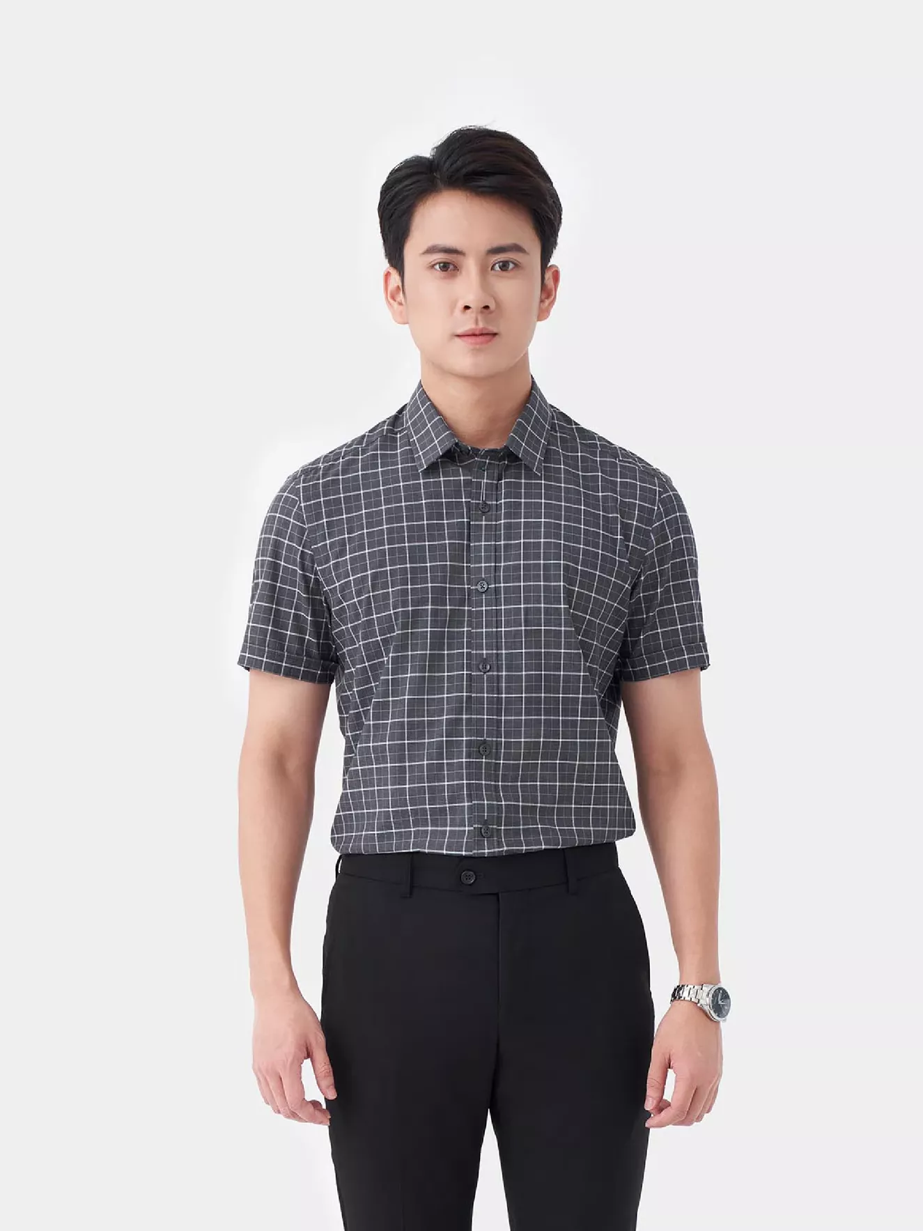 Áo Sơ Mi Ngắn Tay Nam 5S Fashion Ghi Kẻ Trắng ASC24066