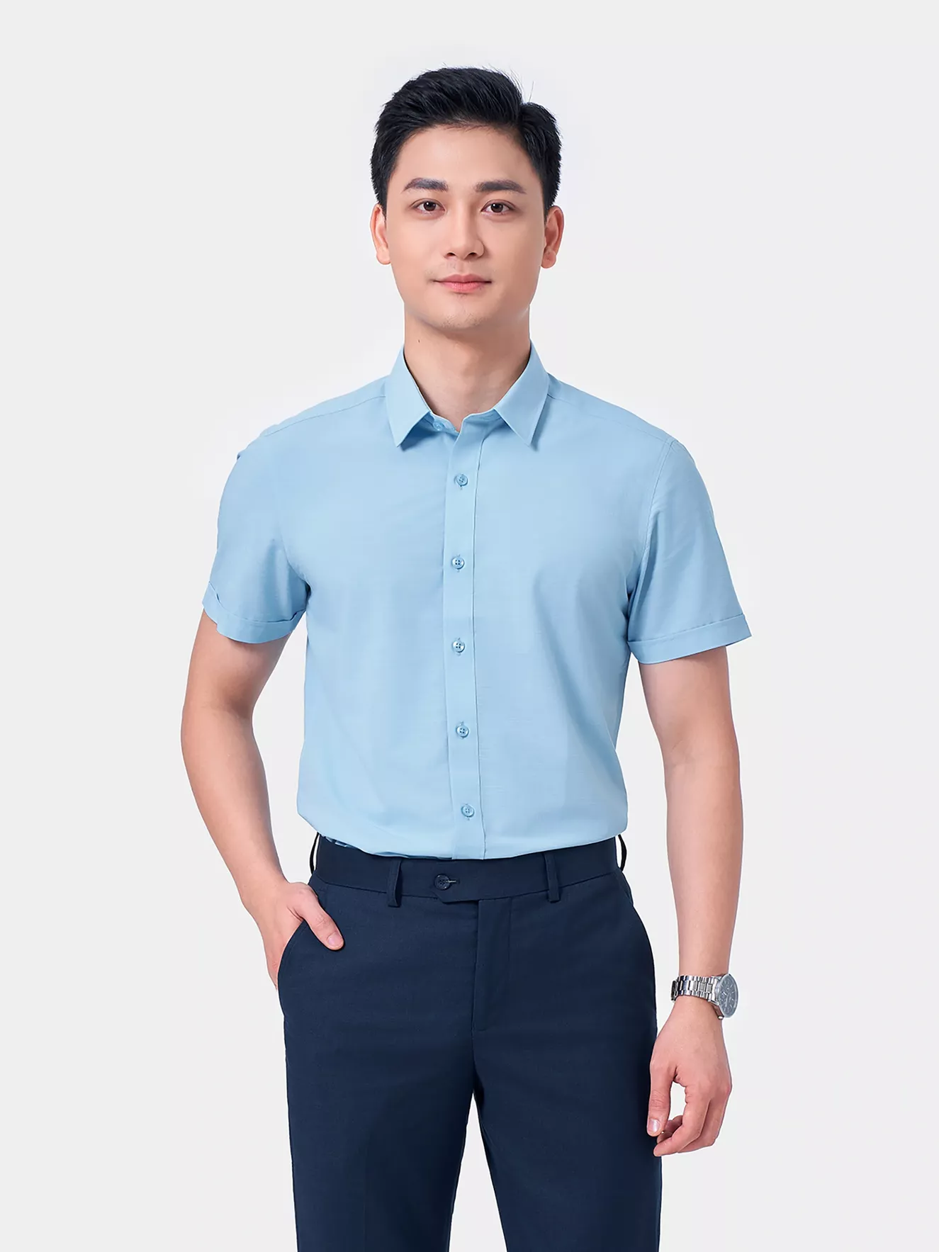 Áo Sơ Mi Nam Ngắn Tay 5S Fashion Xanh Aqua ASC24068