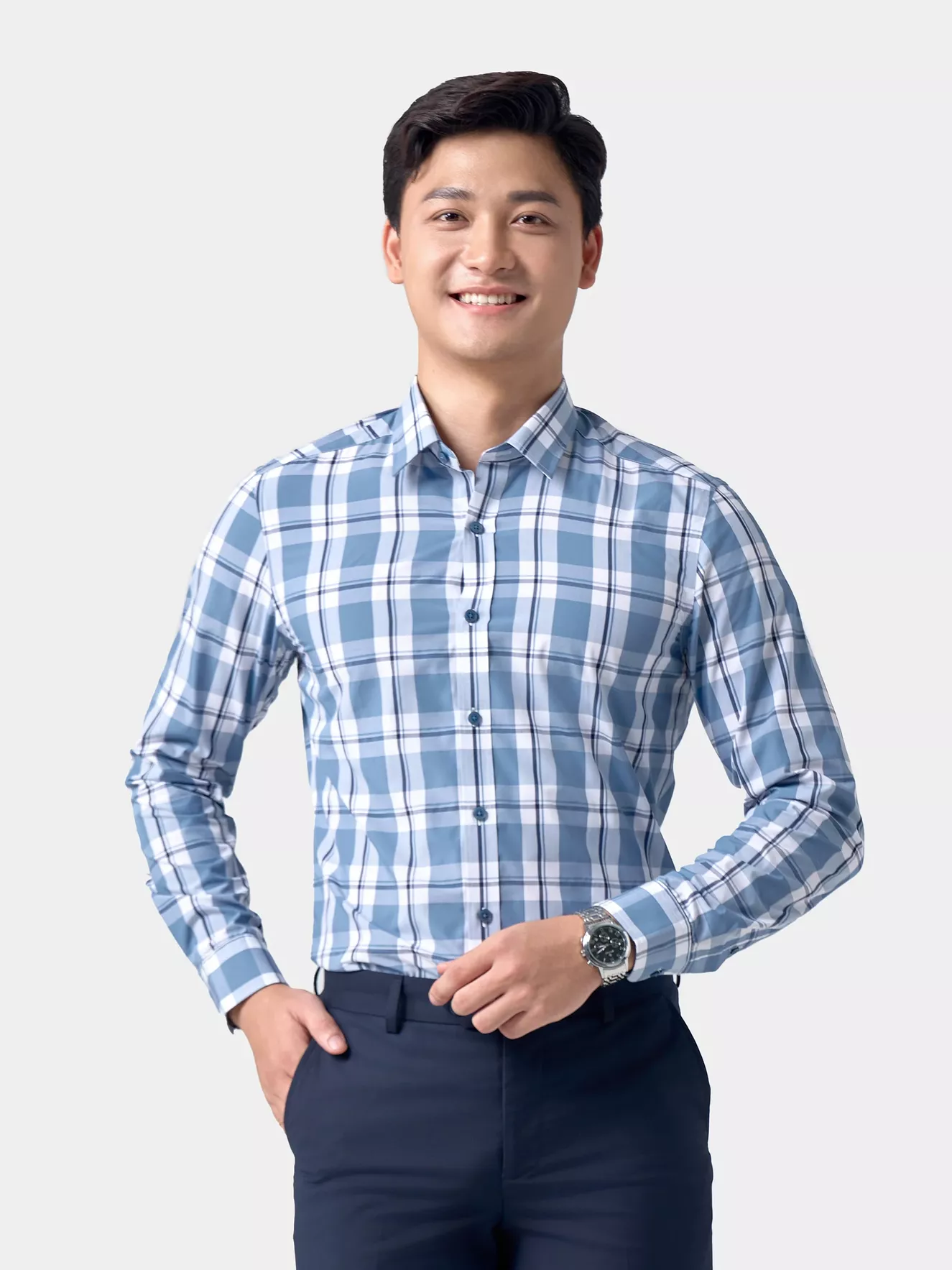 Áo Sơ Mi Nam Dài Tay 5S Fashion Kẻ Caro Slimfit ASM24053