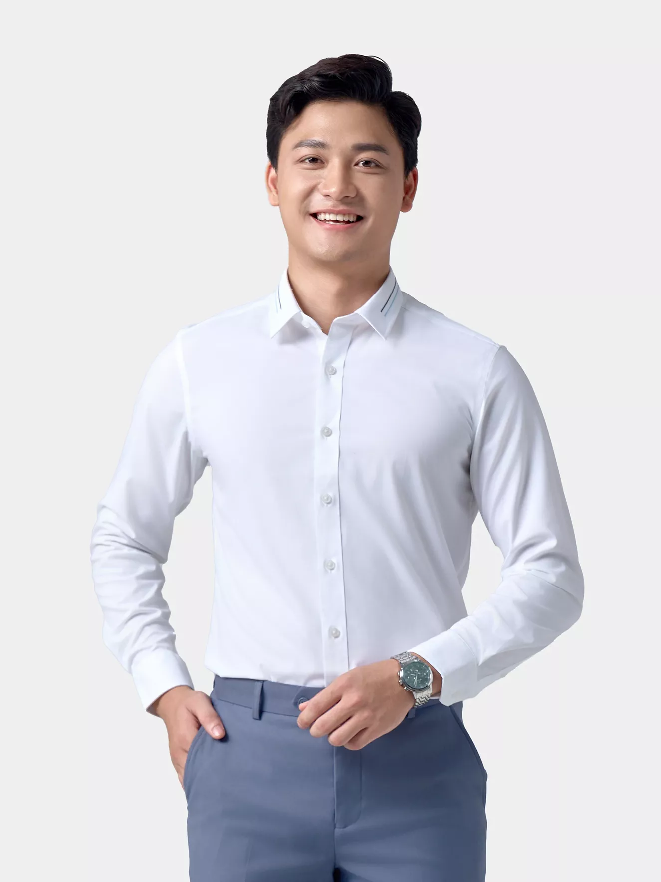 Áo Sơ Mi Nam Dài Tay 5S Fashion Màu Trắng Slimfit ASM24206