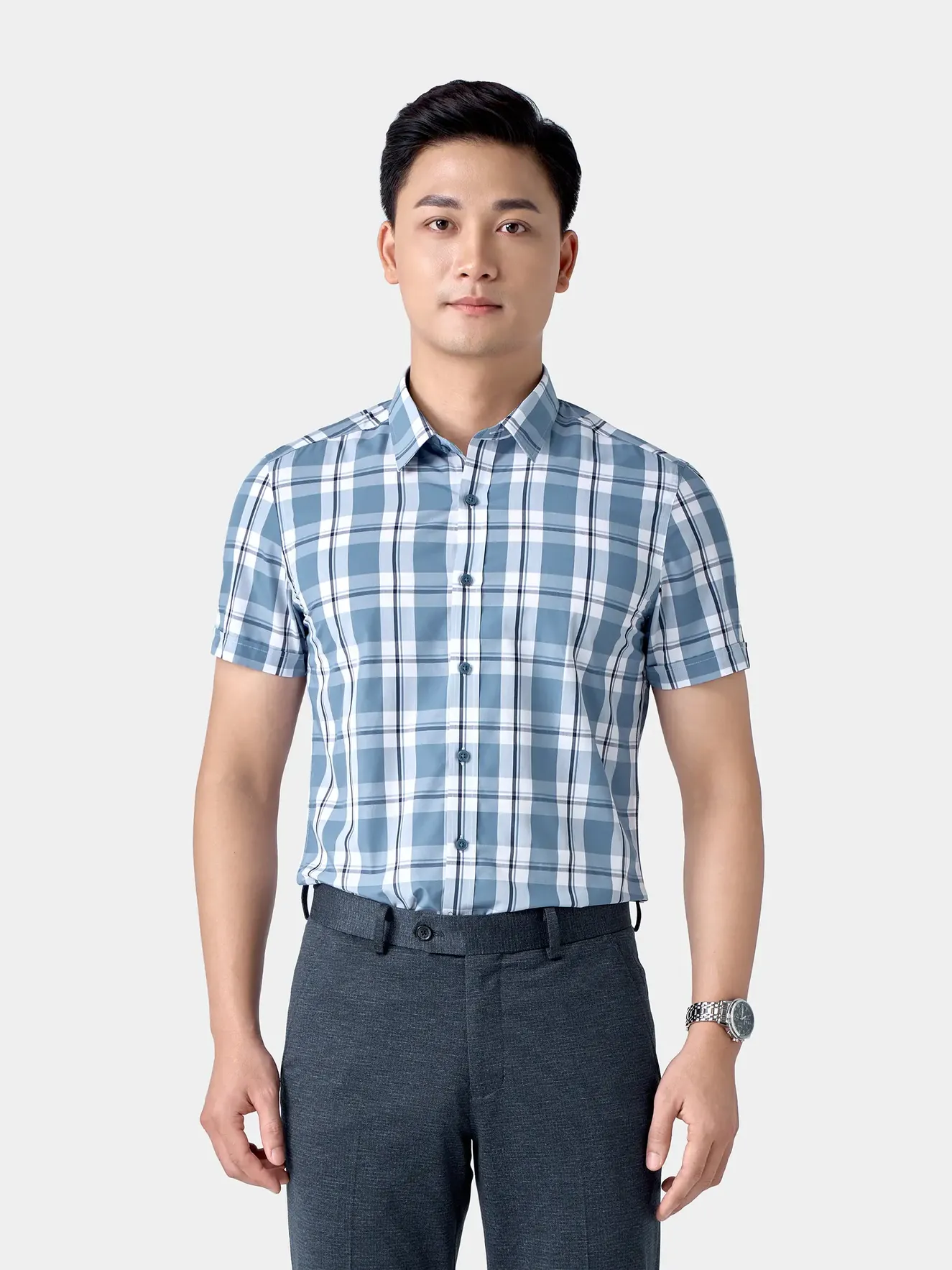 Áo Sơ Mi Nam Ngắn Tay 5S Fashion Kẻ Caro Phom Slimfit ASC24037