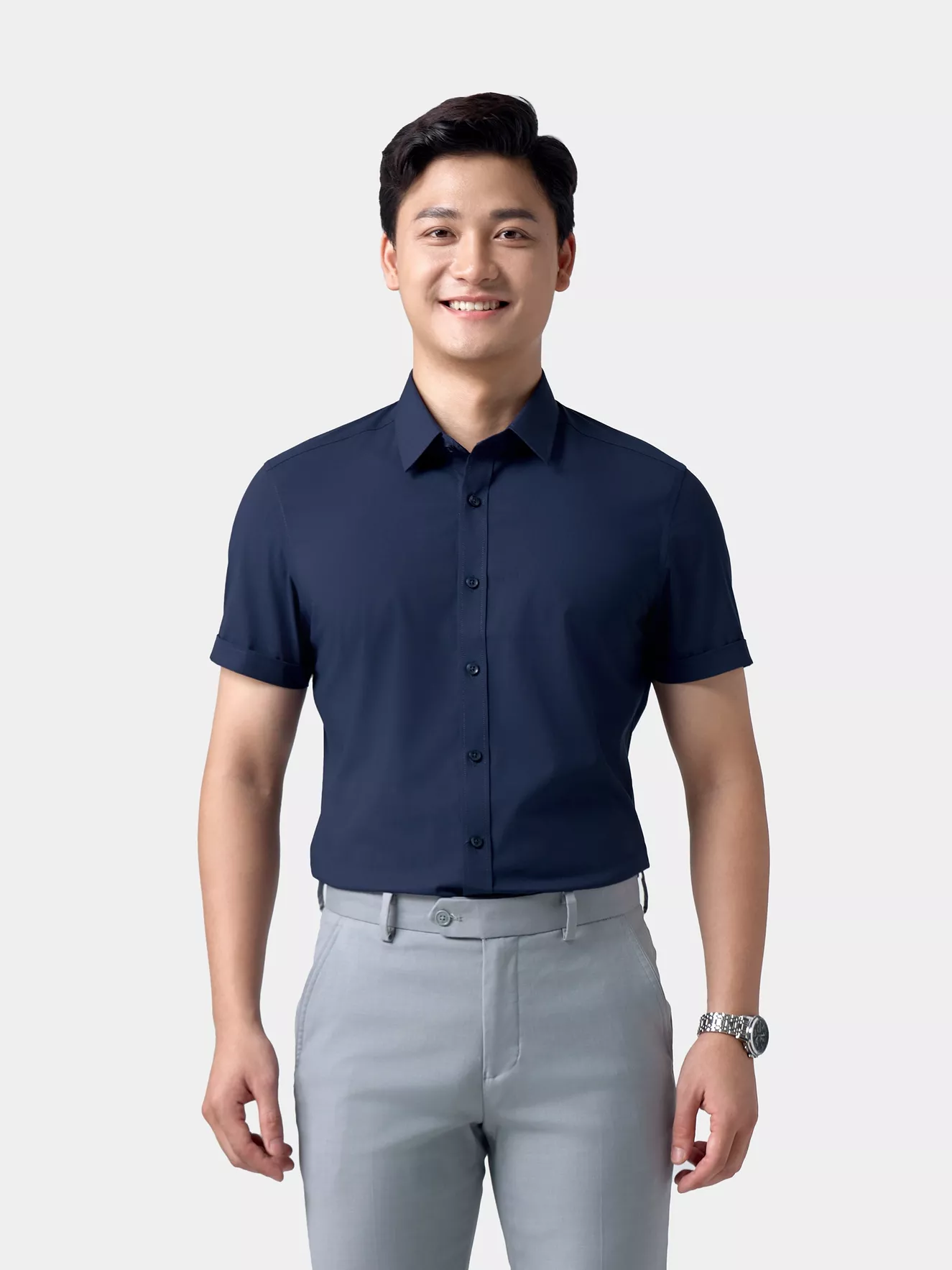 Áo Sơ Mi Nam Ngắn Tay 5S Fashion Màu Tím Than Trơn Slimfit ASC24007