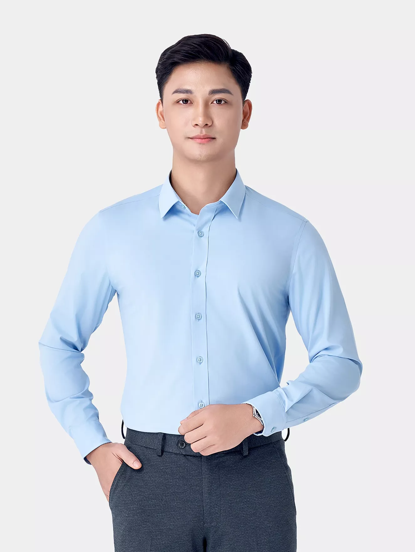 Áo Sơ Mi Nam Dài Tay 5S Fashion Màu Xanh Slimfit ASM24082