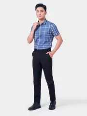 Áo Sơ Mi Nam Ngắn Tay 5S Fashion Màu Xanh Đá Đậm Kẻ ASC24039