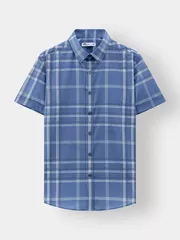 Áo Sơ Mi Nam Ngắn Tay 5S Fashion Màu Xanh Đá Đậm Kẻ ASC24039