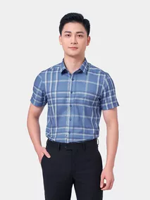 Áo Sơ Mi Nam Ngắn Tay 5S Fashion Màu Xanh Đá Đậm Kẻ ASC24039
