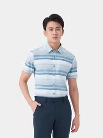 Áo Sơ Mi Nam Ngắn Tay 5S Fashion Xanh Cổ Vịt Kẻ ASC24069