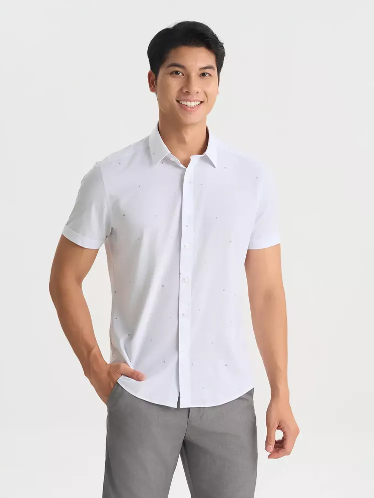 Áo Sơ Mi Nam Ngắn Tay 5S Fashion Họa Tiết Màu Trắng Slimfit ASC25034