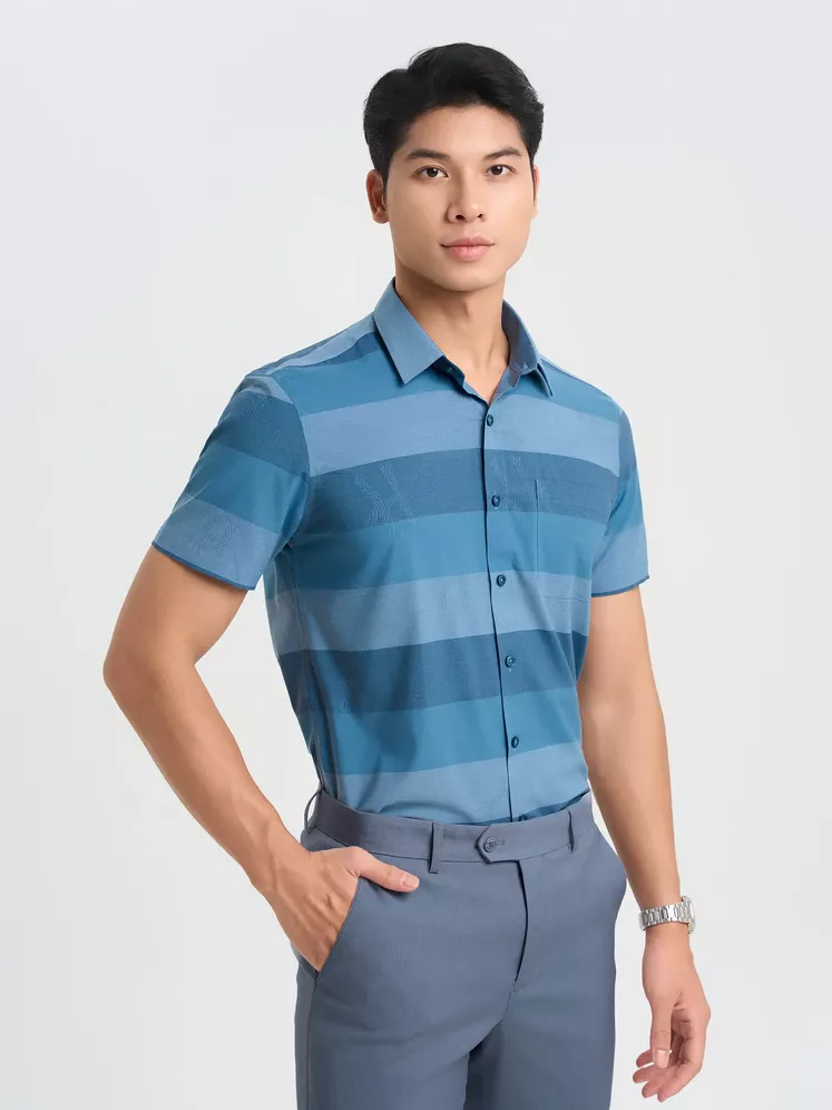 Áo Sơ Mi Nam Ngắn Tay 5S Fashion Kẻ Ngang Smart Fit ASC25021