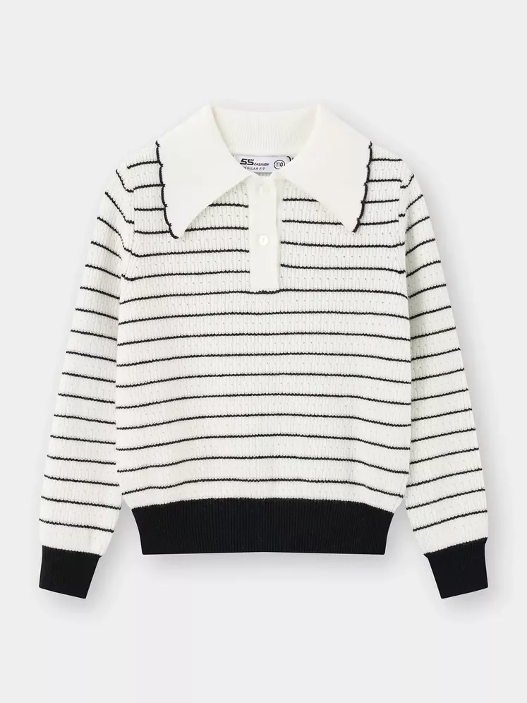 Áo Len Bé Gái 5S Fashion Cổ Bẻ Phối Kẻ Ngang G0ALE25003