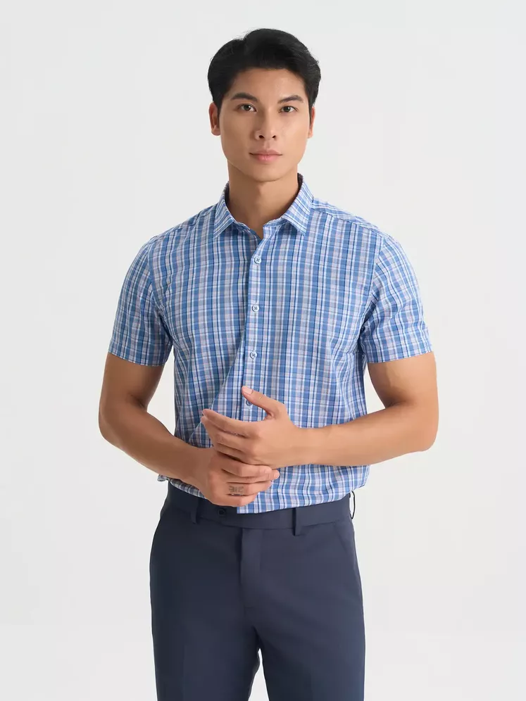 Áo Sơ Mi Nam Ngắn Tay 5S Fashion Kẻ Ô Phối Màu Phom Smarfit ASC25013