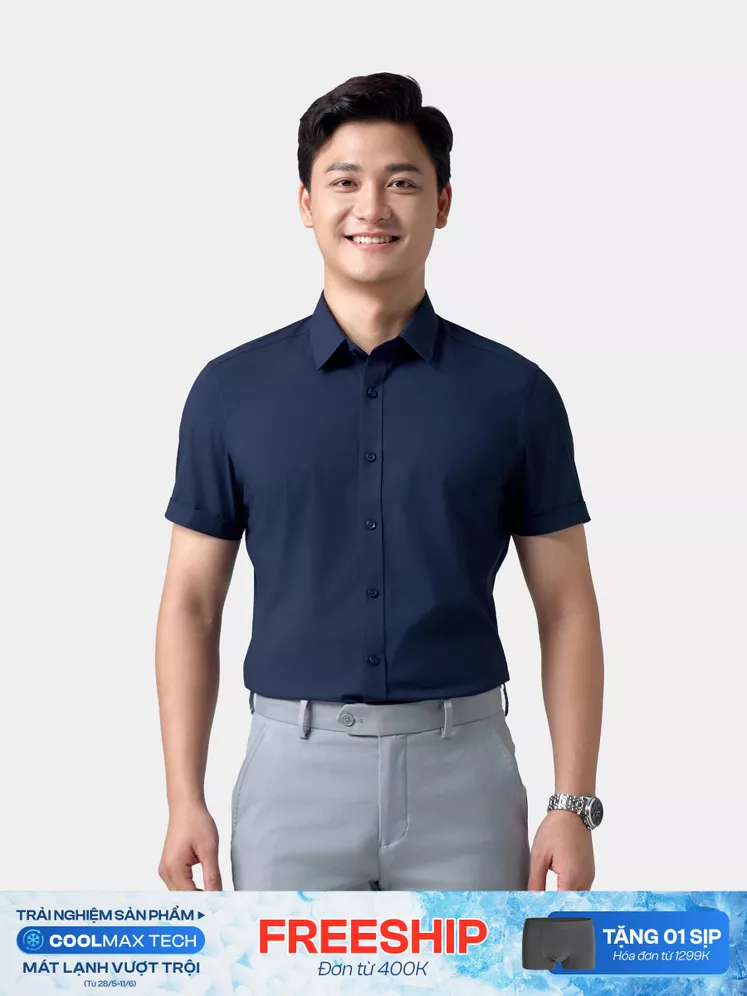 Áo Sơ Mi Nam Ngắn Tay 5S Fashion Màu Tím Than Trơn Slimfit ASC24007